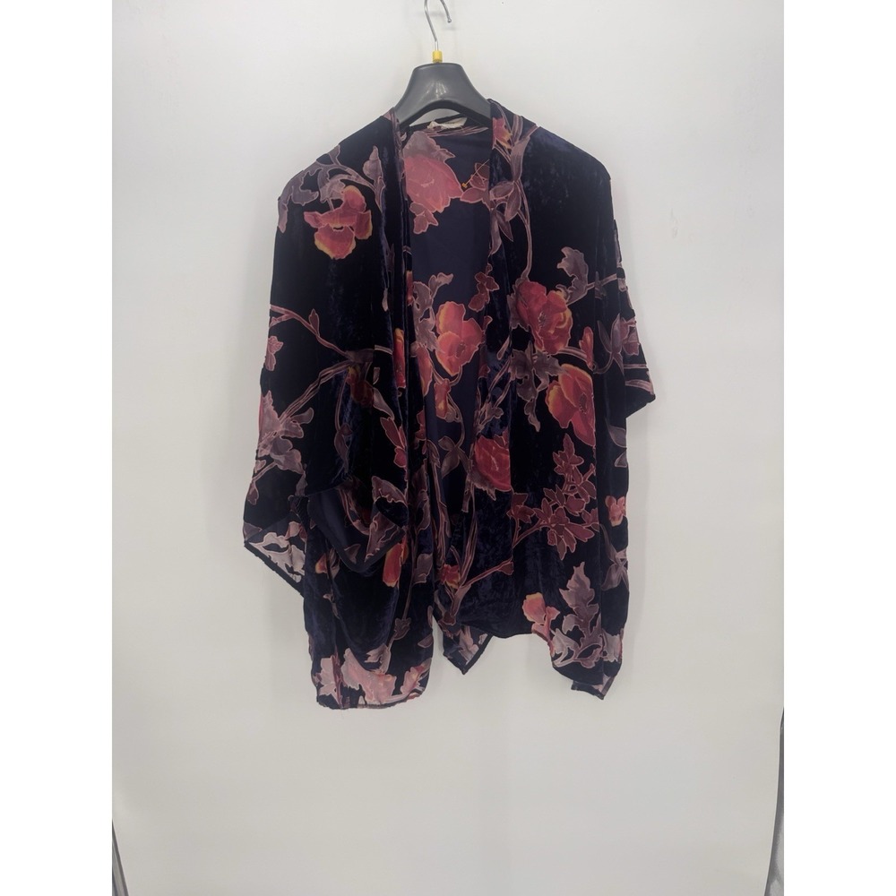 Velvet Burnout Floral Kimono Wrap Navy Blue Pink Orange Open Front Cardigan One